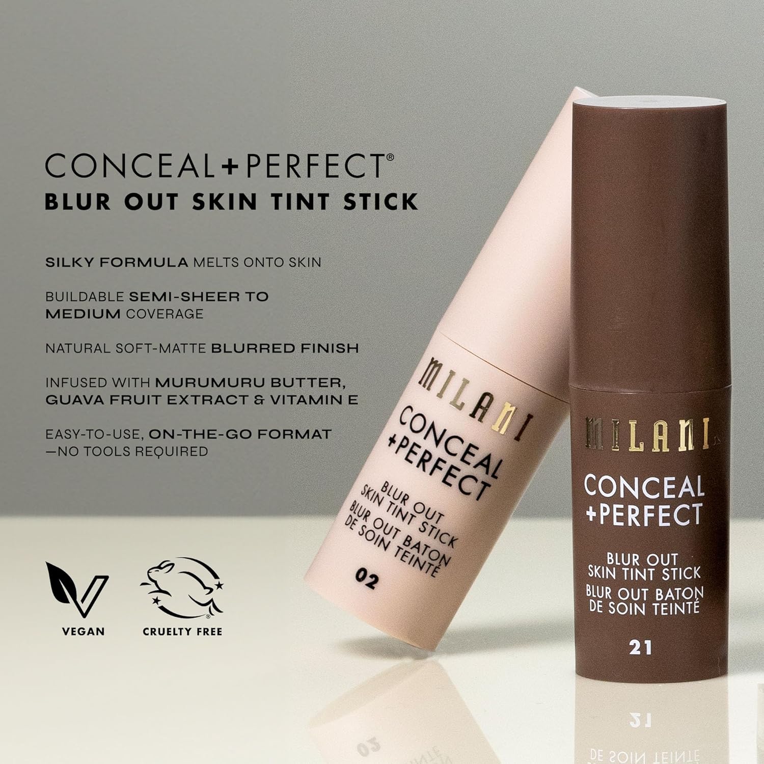 Milani Conceal + Perfect Blur Out Skin Tint Stick - Light to Medium Coverage Tinted Moisturizer Stick with Vitamin C & E - Soft Matte, Pore Blurring Natural Finish 07-Light Medium Neutral